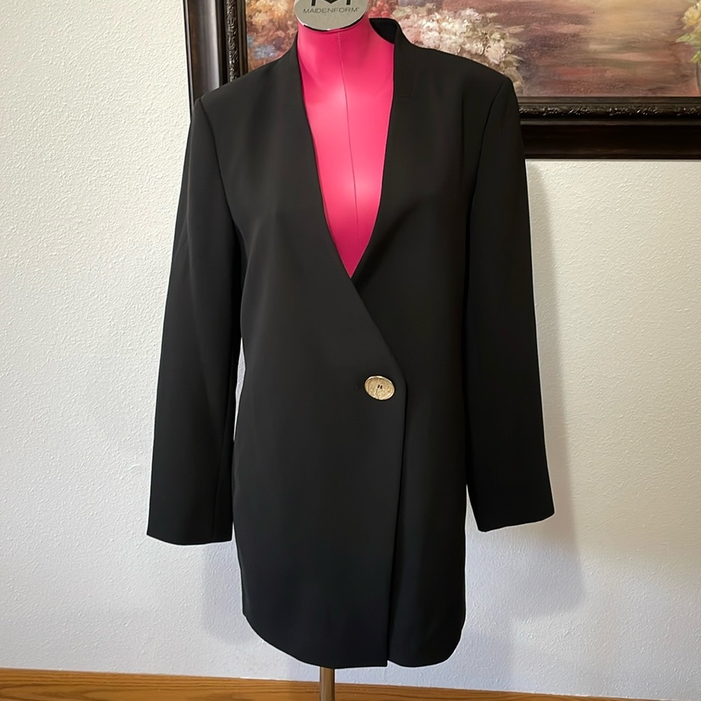 Donna Karan One Button Blazer Jacket Black Women's Size 12 Gold Button
